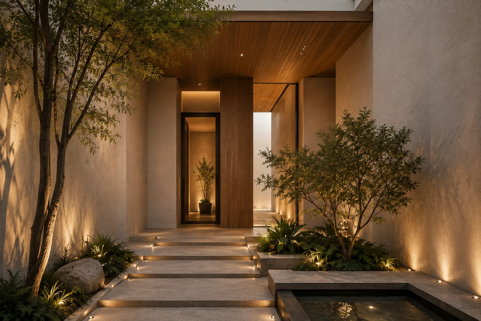 Courtyard entrance with timber ceiling